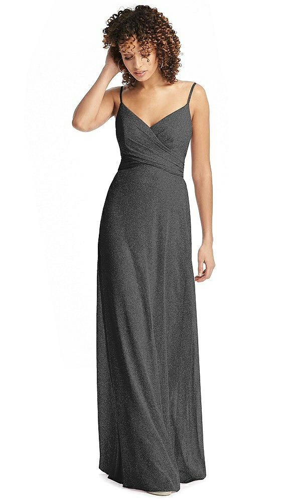 Front View - Black Silver Shimmer Faux Wrap Chiffon Dress