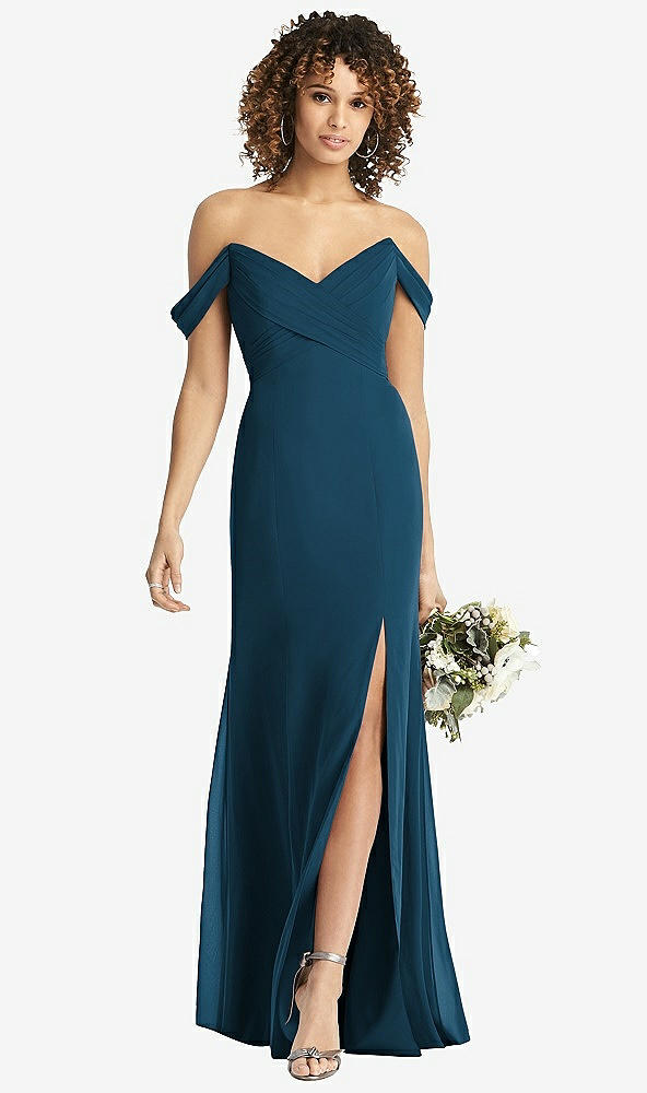 Front View - Atlantic Blue Off-the-Shoulder Criss Cross Bodice Trumpet Gown