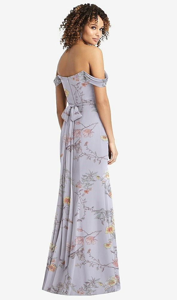 Back View - Butterfly Botanica Silver Dove Off-the-Shoulder Criss Cross Bodice Trumpet Gown