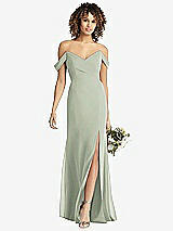 Front View Thumbnail - Celadon Off-the-Shoulder Criss Cross Bodice Trumpet Gown