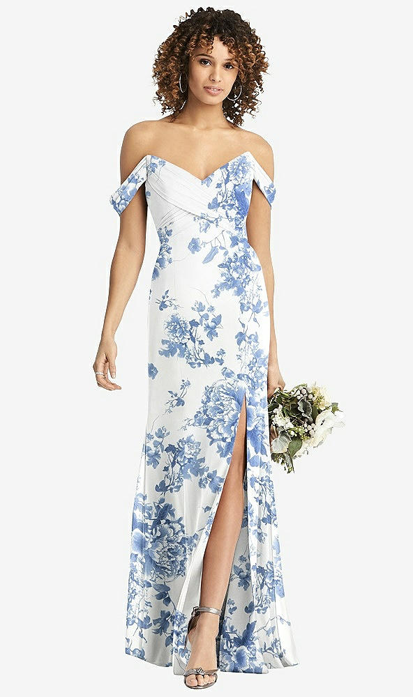 Front View - Cottage Rose Dusk Blue Off-the-Shoulder Criss Cross Bodice Trumpet Gown