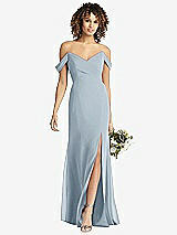 Front View Thumbnail - Mist Off-the-Shoulder Criss Cross Bodice Trumpet Gown