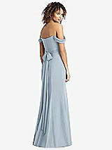 Rear View Thumbnail - Mist Off-the-Shoulder Criss Cross Bodice Trumpet Gown