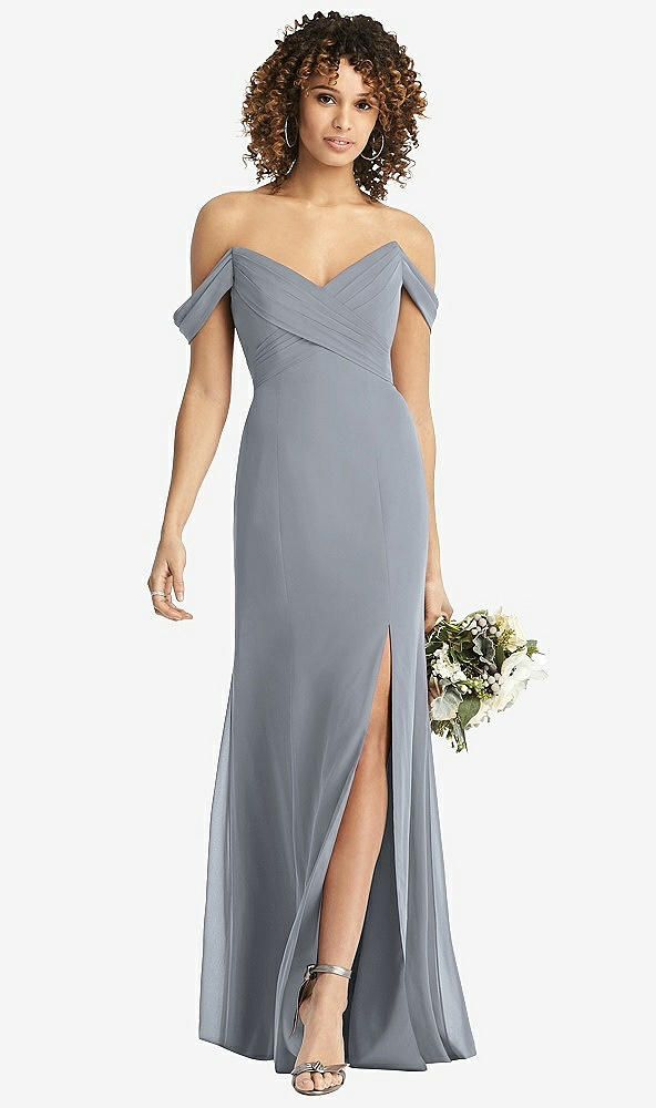 Front View - Platinum Off-the-Shoulder Criss Cross Bodice Trumpet Gown