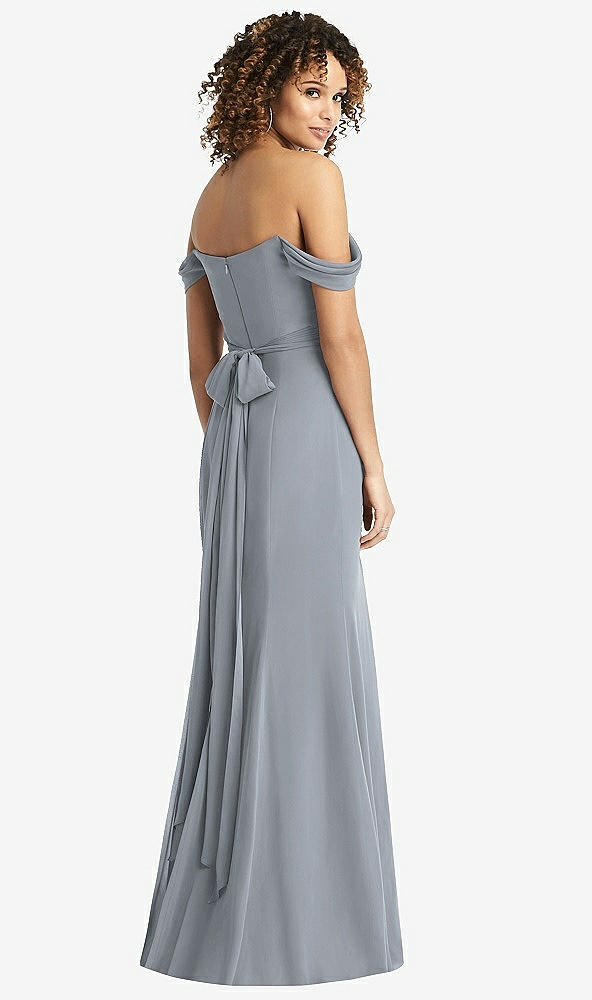 Back View - Platinum Off-the-Shoulder Criss Cross Bodice Trumpet Gown