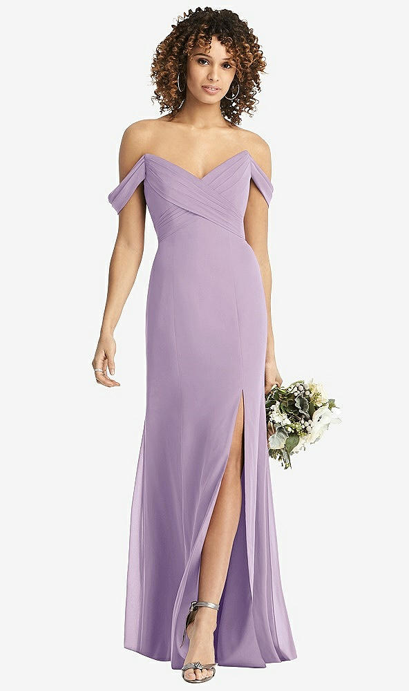 Front View - Pale Purple Off-the-Shoulder Criss Cross Bodice Trumpet Gown