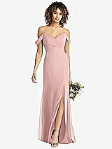 Front View Thumbnail - Rose - PANTONE Rose Quartz Off-the-Shoulder Criss Cross Bodice Trumpet Gown