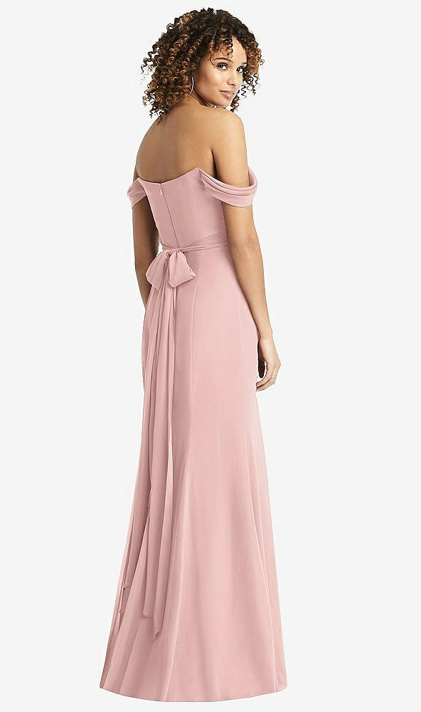 Back View - Rose - PANTONE Rose Quartz Off-the-Shoulder Criss Cross Bodice Trumpet Gown