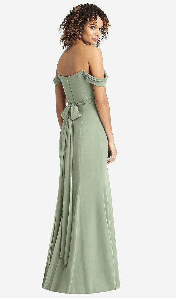 Back View - Sage Off-the-Shoulder Criss Cross Bodice Trumpet Gown