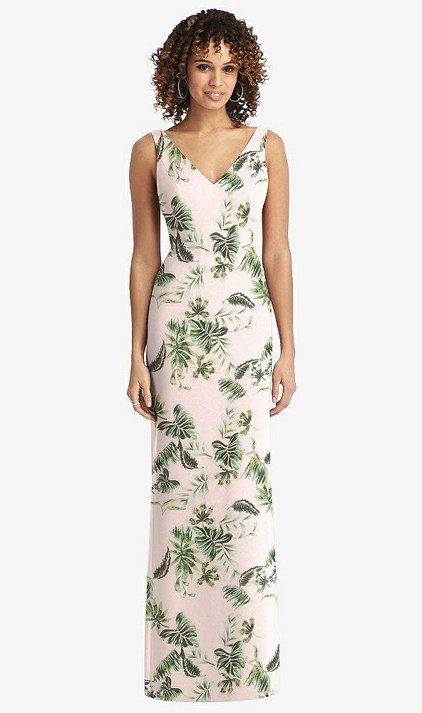 Back View - Palm Beach Print Sleeveless Tie Back Chiffon Trumpet Gown