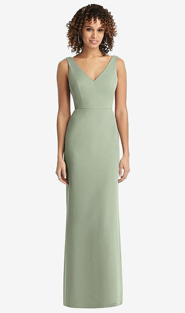 Back View - Sage Sleeveless Tie Back Chiffon Trumpet Gown