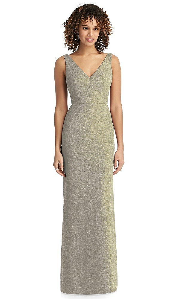 Front View - Mocha Gold Shimmer V-Neck Trumpet Dress with Back Tie