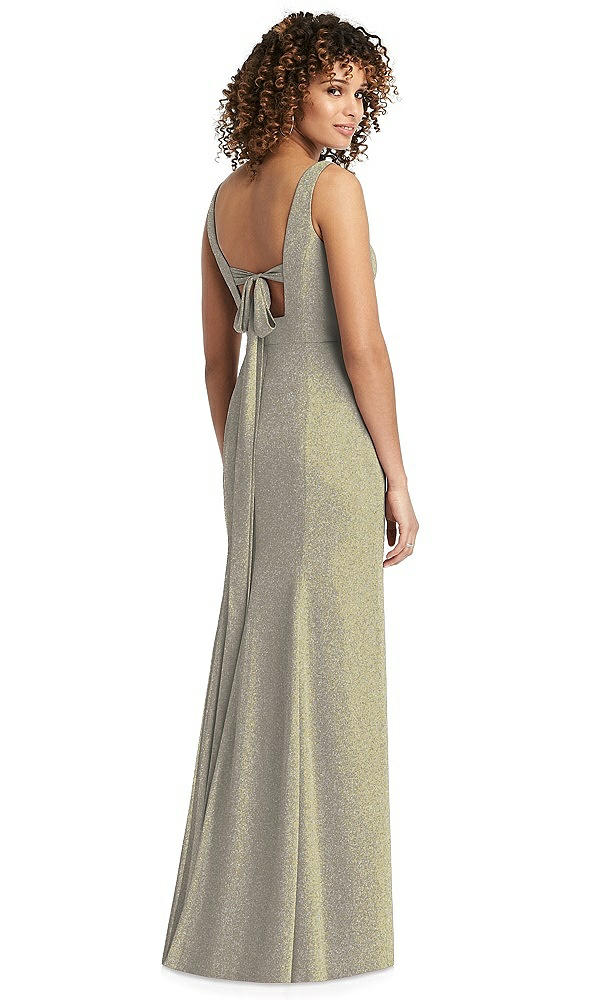 Back View - Mocha Gold Shimmer V-Neck Trumpet Dress with Back Tie