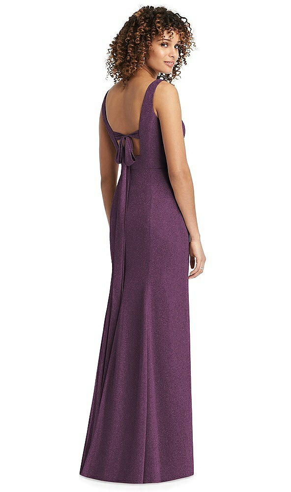 Back View - Aubergine Silver Shimmer V-Neck Trumpet Dress with Back Tie