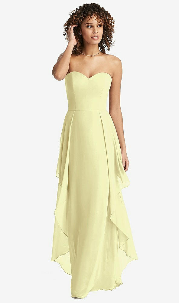 Front View - Butter Yellow Strapless Chiffon Dress with Skirt Overlay