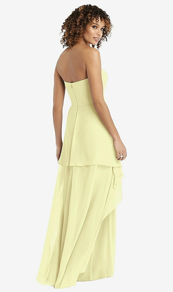 Back View - Butter Yellow Strapless Chiffon Dress with Skirt Overlay