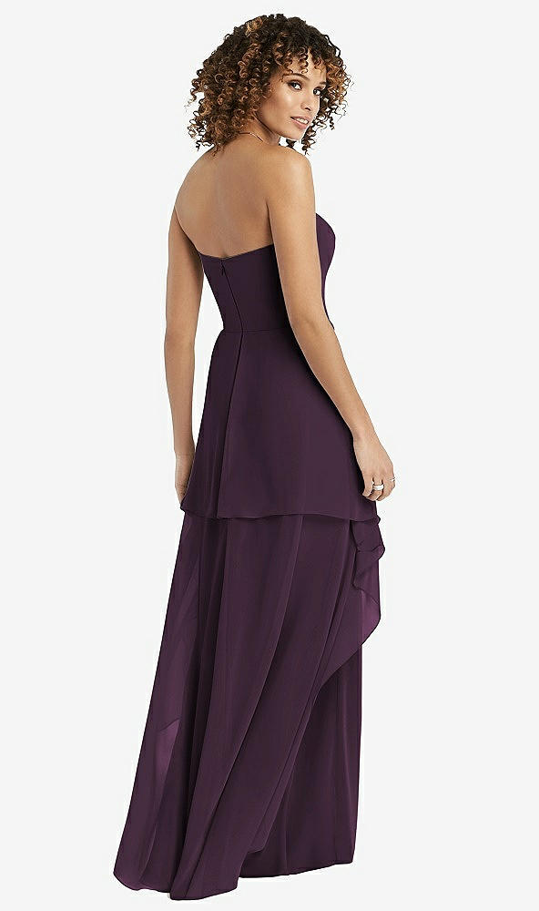 Back View - Aubergine Strapless Chiffon Dress with Skirt Overlay