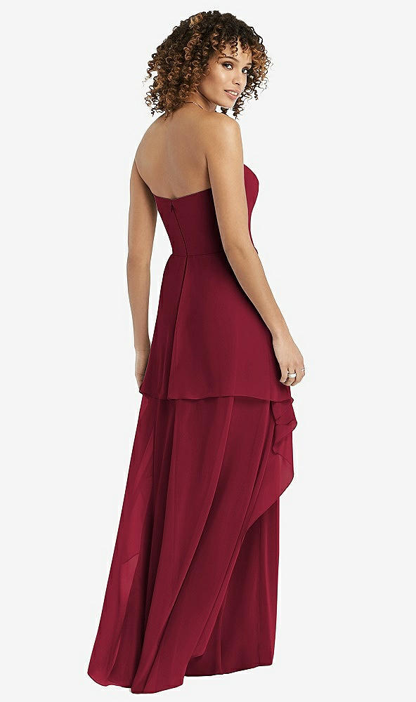 Back View - Burgundy Strapless Chiffon Dress with Skirt Overlay