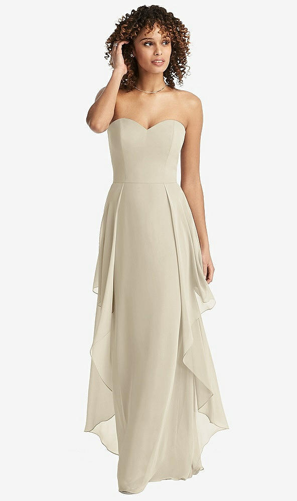 Front View - Champagne Strapless Chiffon Dress with Skirt Overlay