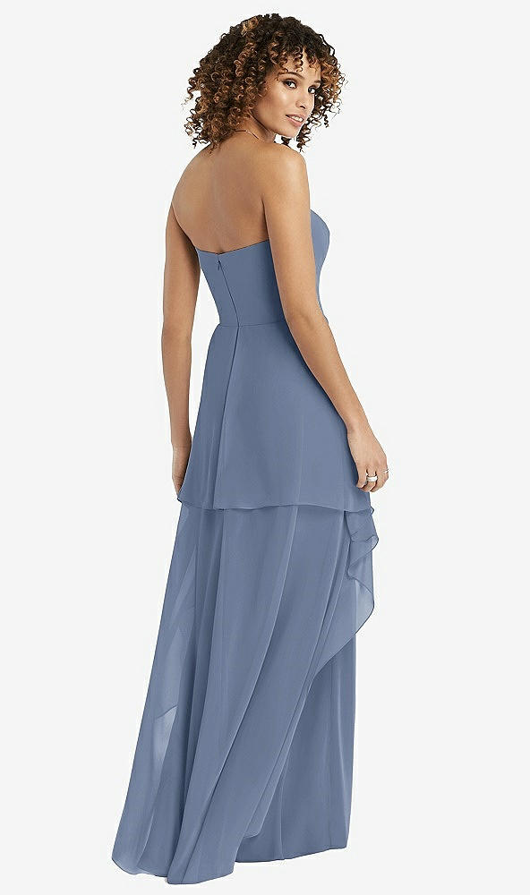 Back View - Larkspur Blue Strapless Chiffon Dress with Skirt Overlay