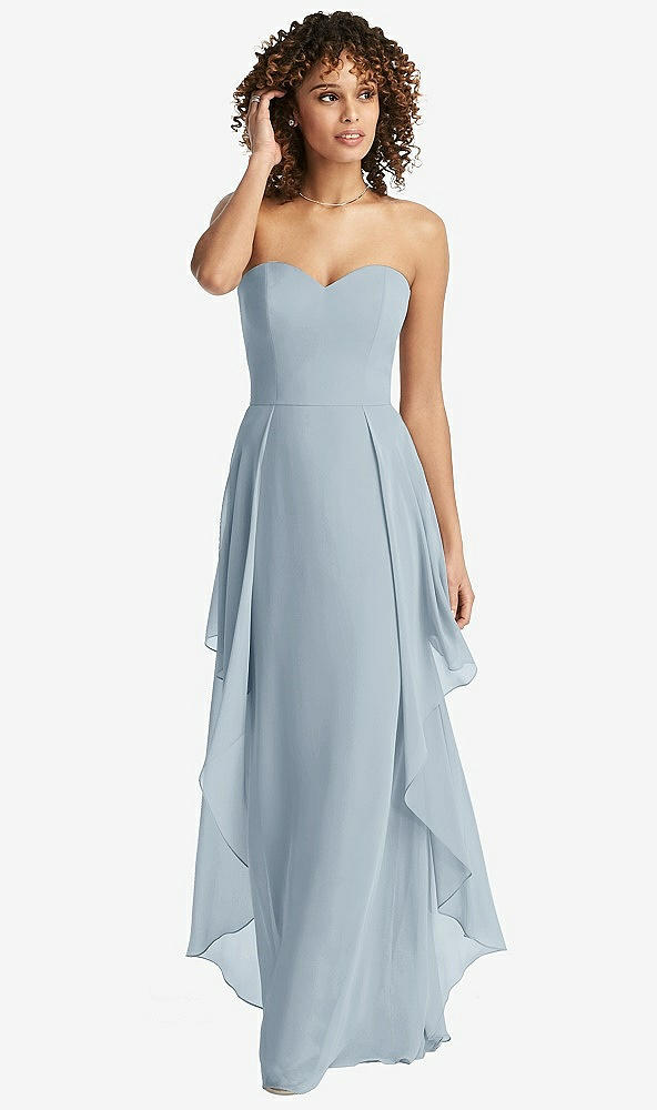 Front View - Mist Strapless Chiffon Dress with Skirt Overlay