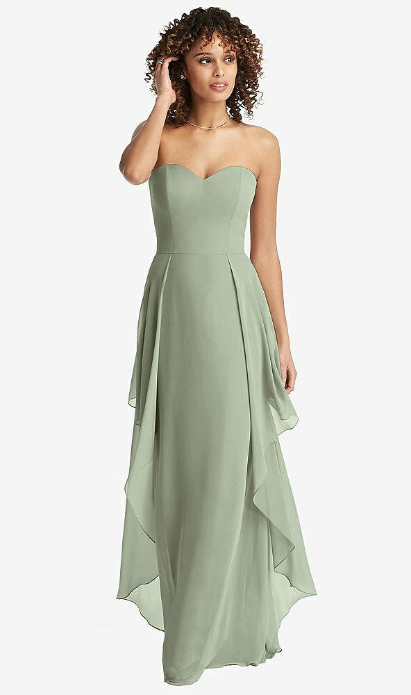 Front View - Sage Strapless Chiffon Dress with Skirt Overlay