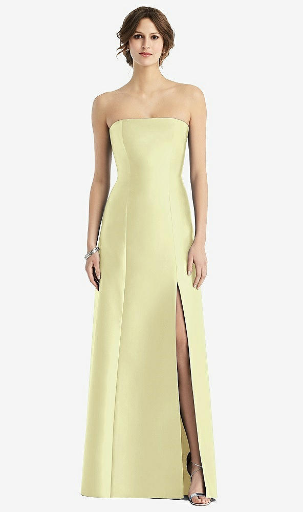 Front View - Butter Yellow Strapless Satin Trumpet Gown with Front Slit