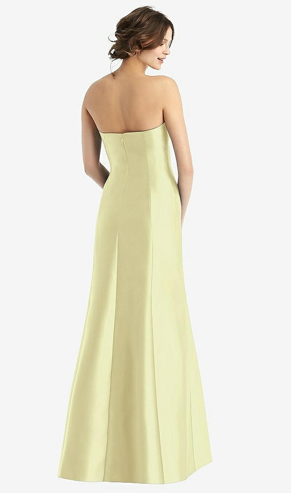 Back View - Butter Yellow Strapless Satin Trumpet Gown with Front Slit