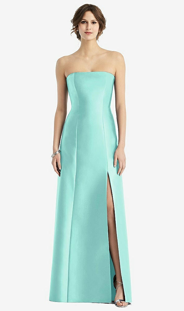 Front View - Coastal Strapless Satin Trumpet Gown with Front Slit