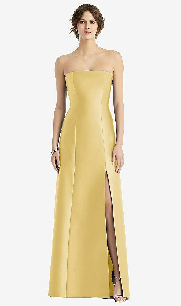 Front View - Maize Strapless Satin Trumpet Gown with Front Slit