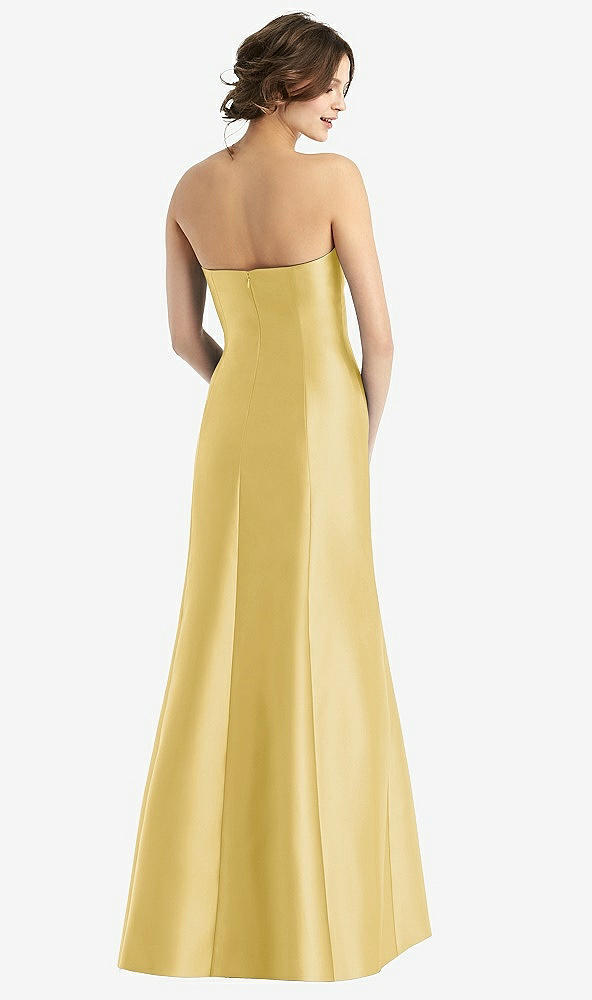 Back View - Maize Strapless Satin Trumpet Gown with Front Slit