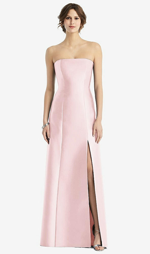 Front View - Ballet Pink Strapless Satin Trumpet Gown with Front Slit