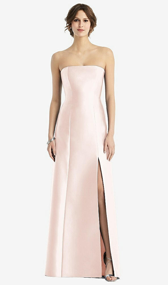 Front View - Blush Strapless Satin Trumpet Gown with Front Slit