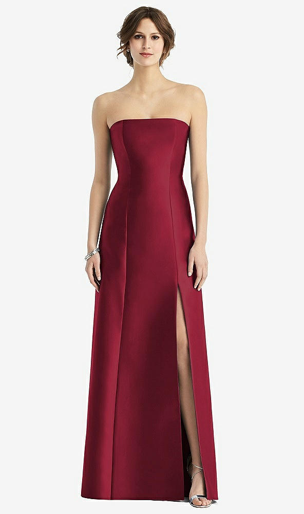 Front View - Burgundy Strapless Satin Trumpet Gown with Front Slit