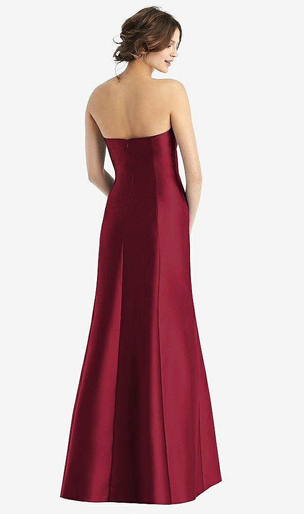 Back View - Burgundy Strapless Satin Trumpet Gown with Front Slit