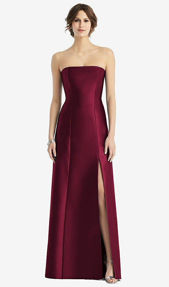 Front View - Cabernet Strapless Satin Trumpet Gown with Front Slit