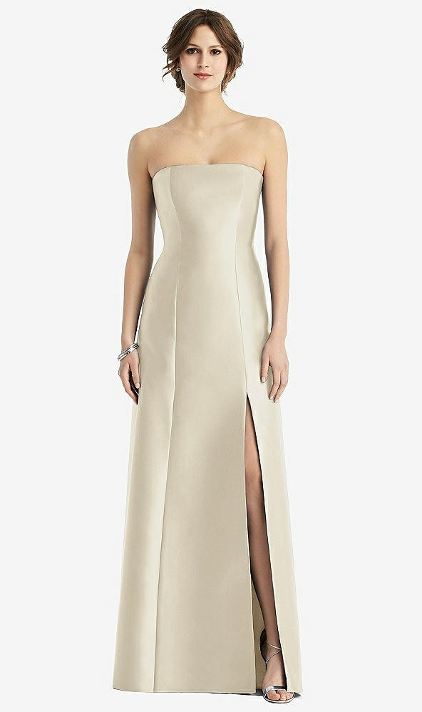 Front View - Champagne Strapless Satin Trumpet Gown with Front Slit