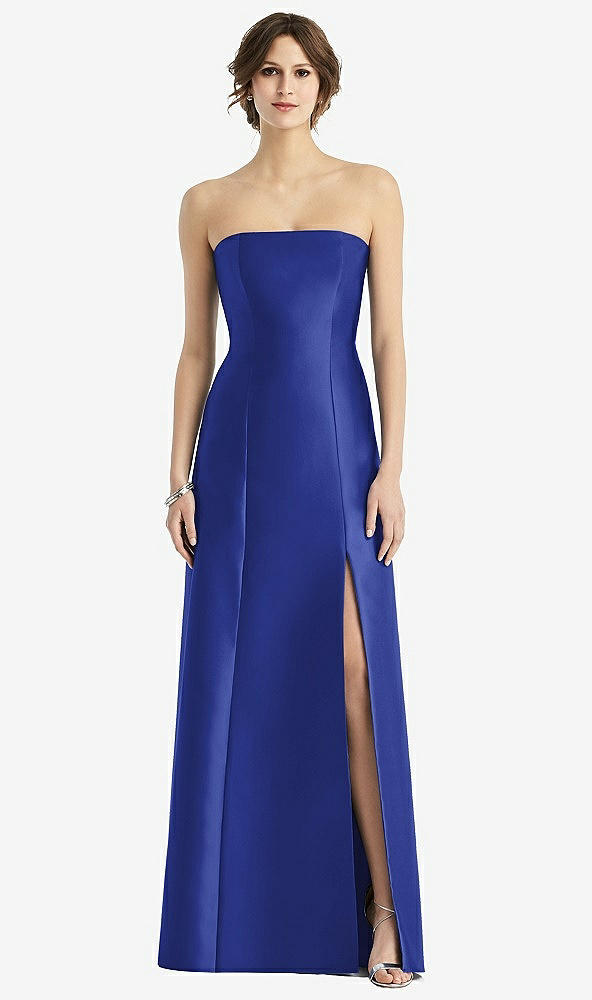 Front View - Cobalt Blue Strapless Satin Trumpet Gown with Front Slit