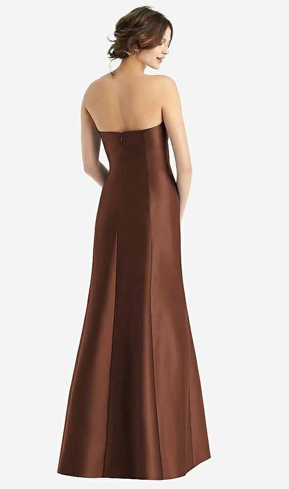 Back View - Cognac Strapless Satin Trumpet Gown with Front Slit