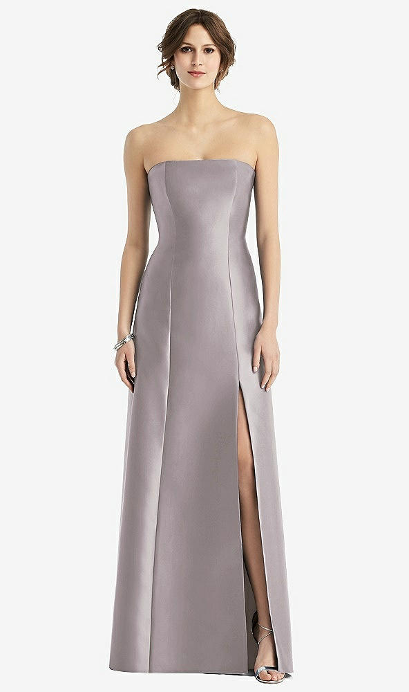 Front View - Cashmere Gray Strapless Satin Trumpet Gown with Front Slit