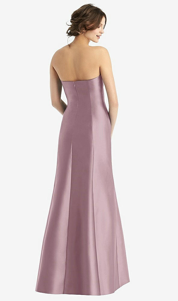 Back View - Dusty Rose Strapless Satin Trumpet Gown with Front Slit