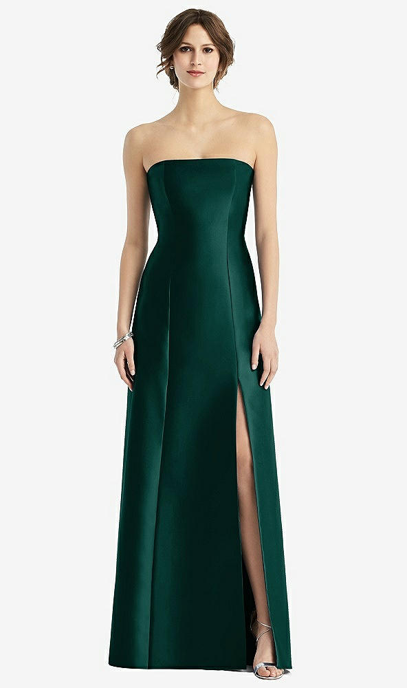 Front View - Evergreen Strapless Satin Trumpet Gown with Front Slit