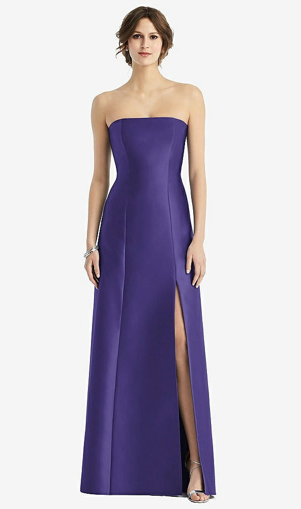 Front View - Grape Strapless Satin Trumpet Gown with Front Slit