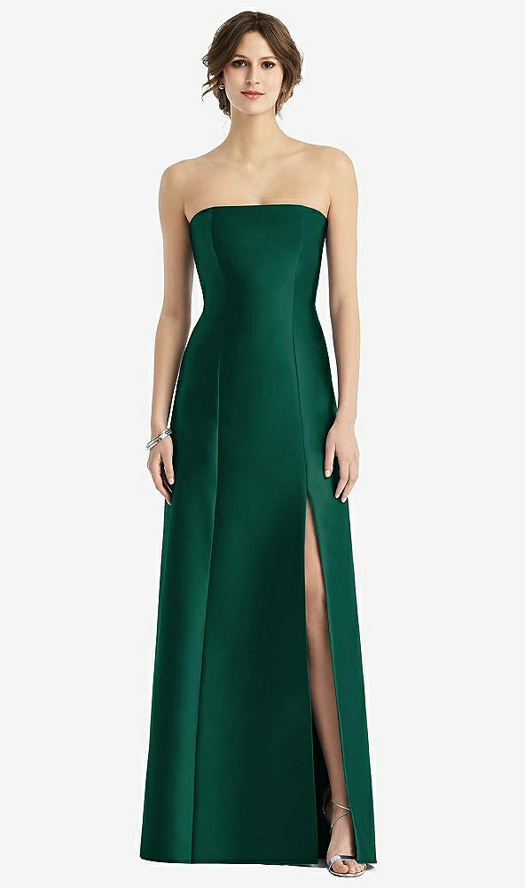 Front View - Hunter Green Strapless Satin Trumpet Gown with Front Slit