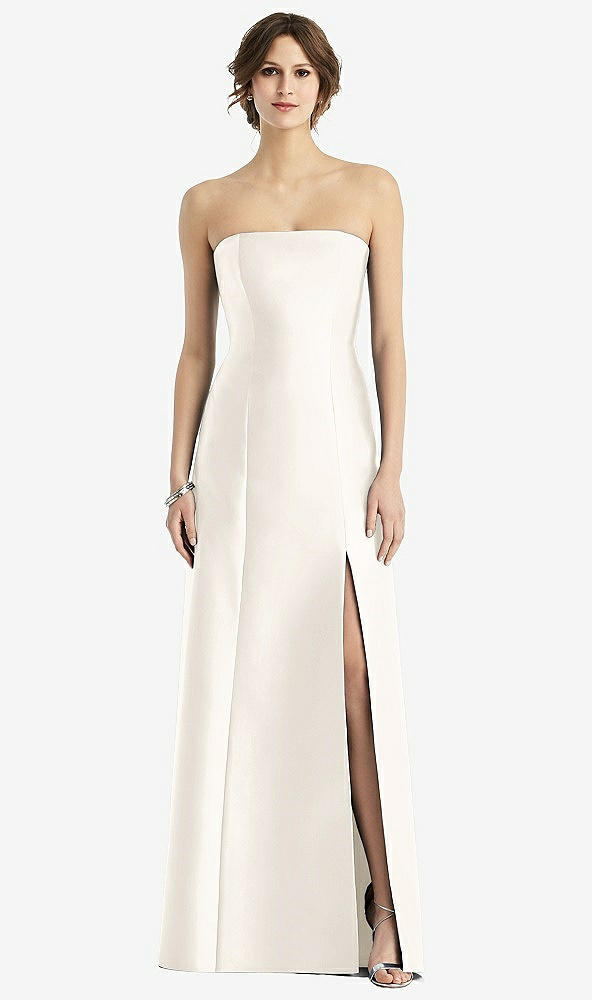 Front View - Ivory Strapless Satin Trumpet Gown with Front Slit