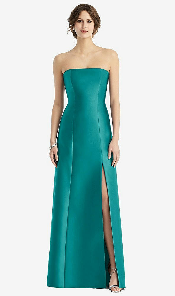 Front View - Jade Strapless Satin Trumpet Gown with Front Slit