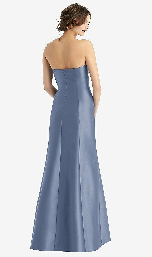 Back View - Larkspur Blue Strapless Satin Trumpet Gown with Front Slit