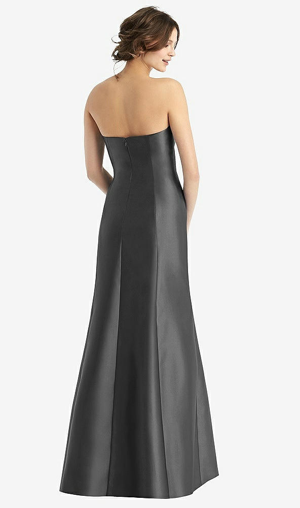 Back View - Pewter Strapless Satin Trumpet Gown with Front Slit