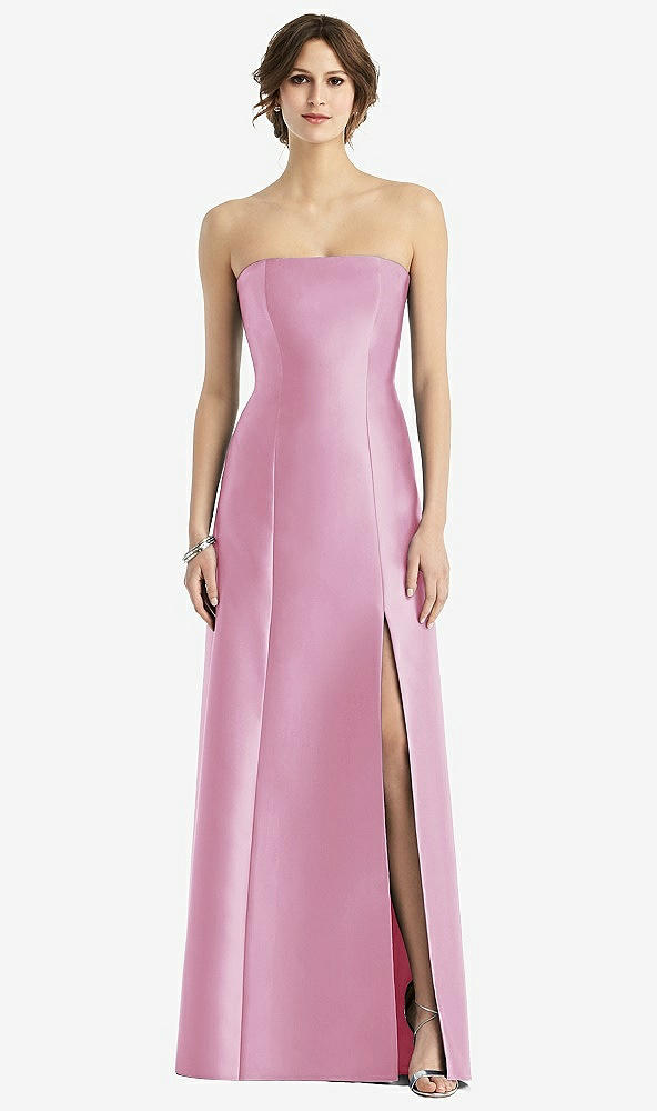 Front View - Powder Pink Strapless Satin Trumpet Gown with Front Slit