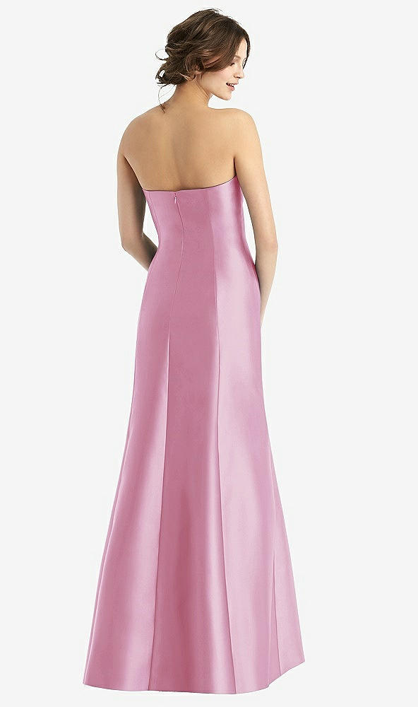 Back View - Powder Pink Strapless Satin Trumpet Gown with Front Slit